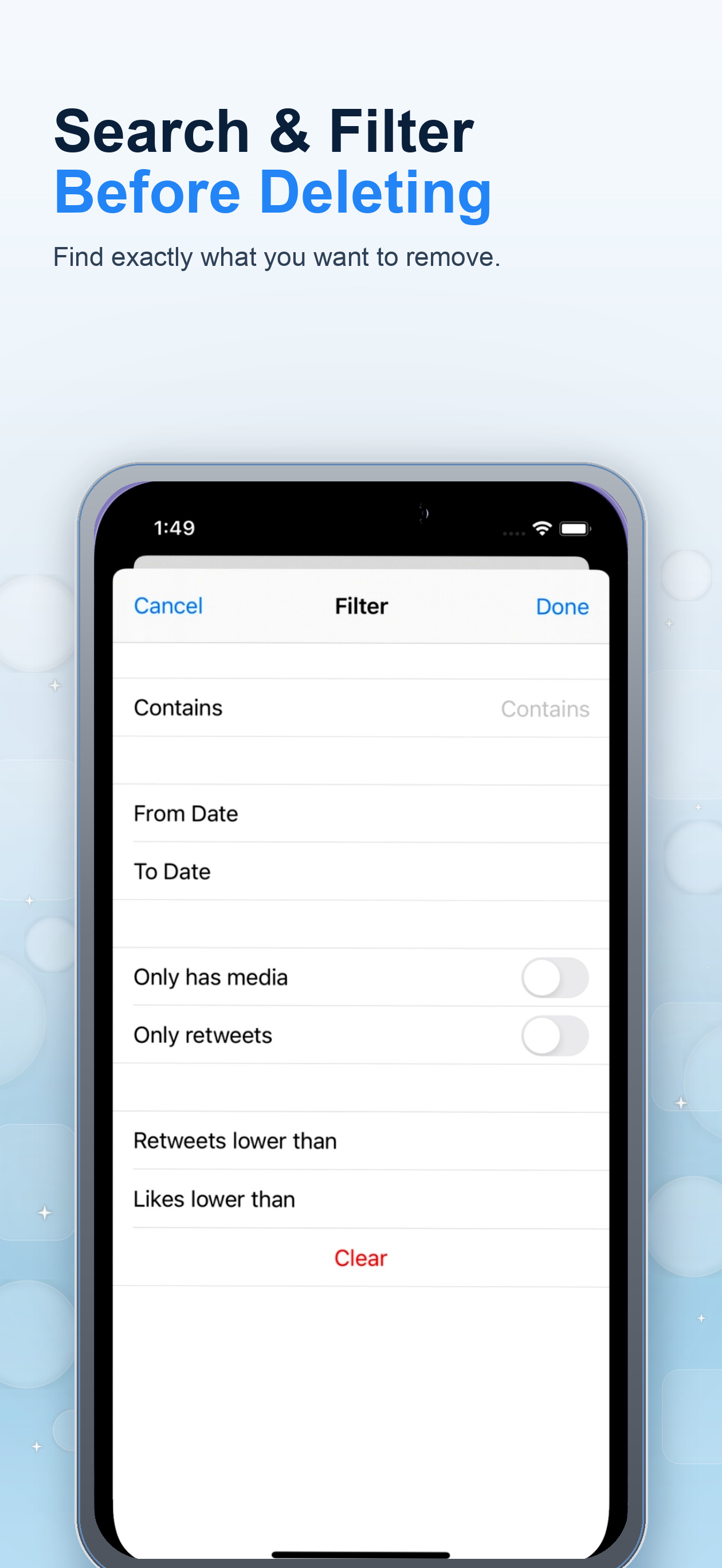 Tweet Cleaner date and keyword filter screen