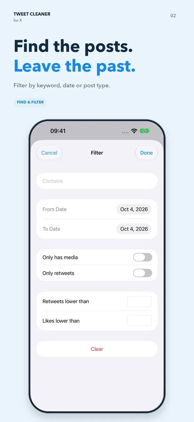 Tweet Cleaner App Store screenshot showing date, keyword, media and repost filters.