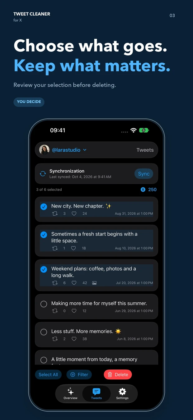 Tweet Cleaner App Store screenshot showing selected posts in dark mode for review before deleting.