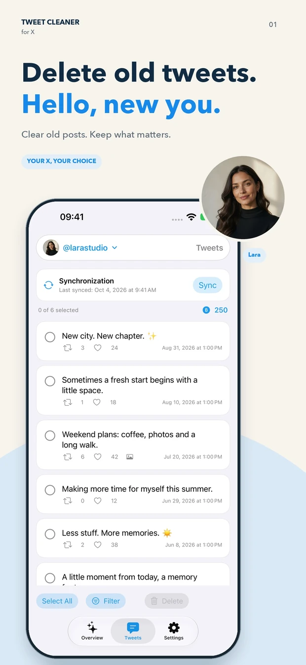 Tweet Cleaner App Store screenshot showing the post list and bulk deletion controls.